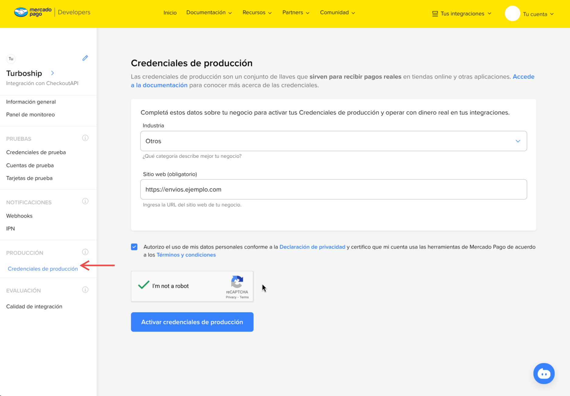 Activar credenciales de producción
