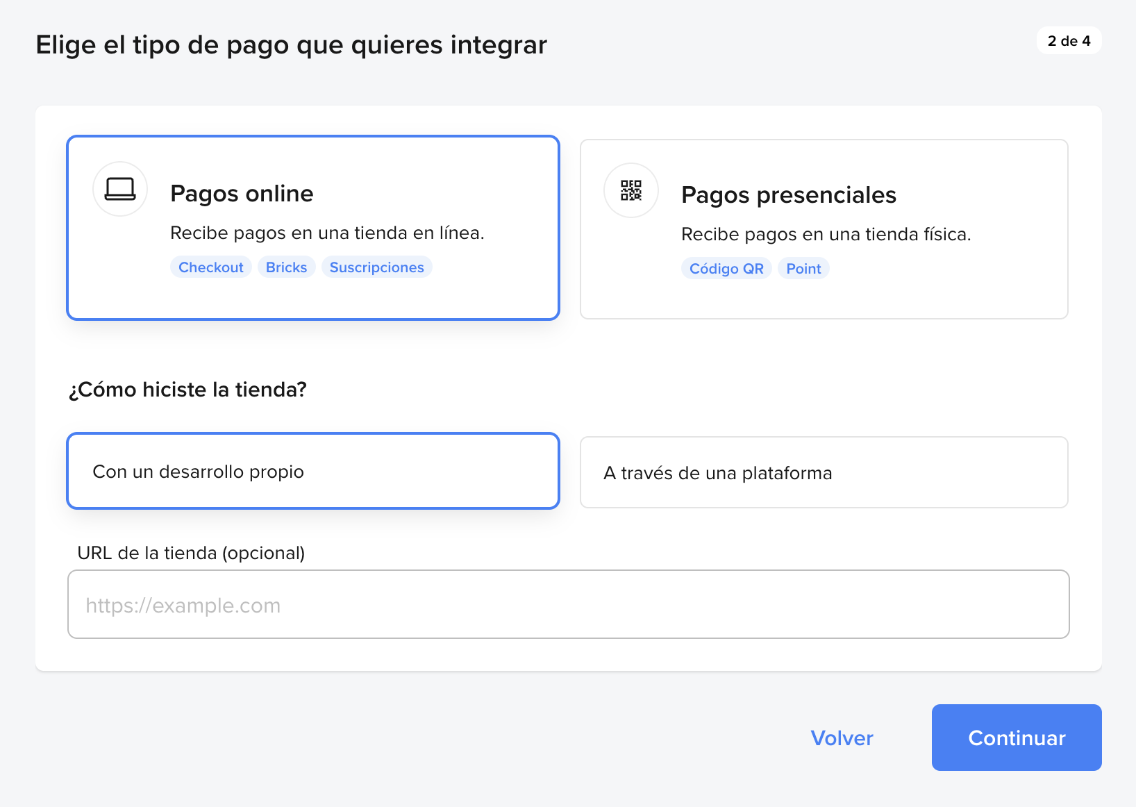 Elegir pagos online y tipo de tienda