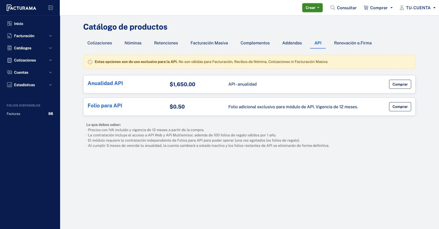 Catálogo de productos, pestaña API