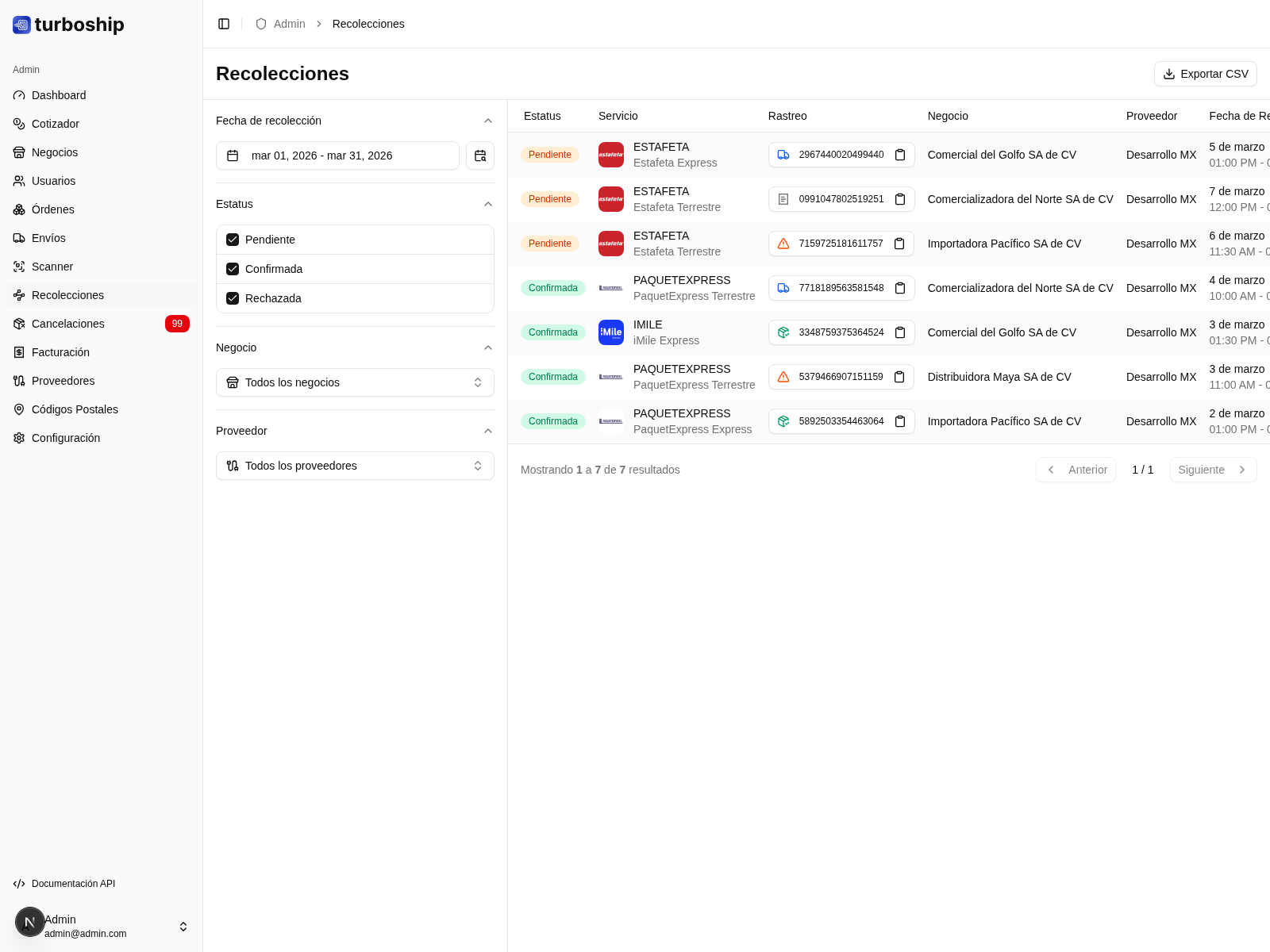 Recolecciones pendientes