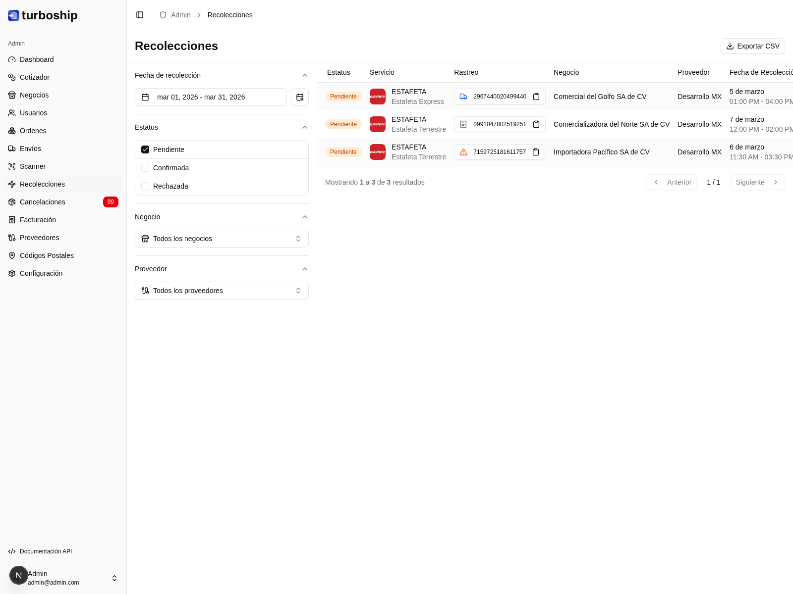 Recolecciones rechazadas