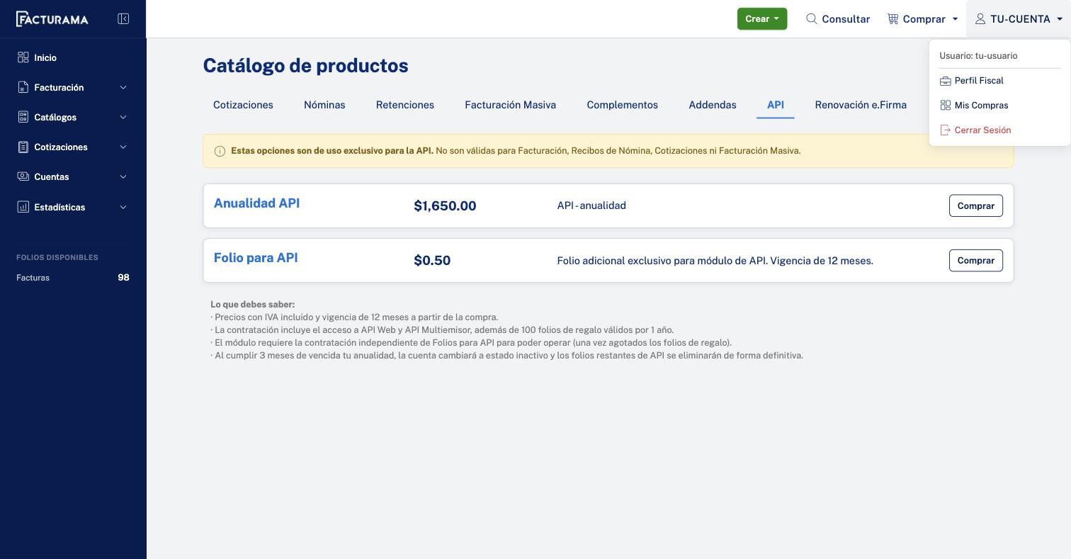 Usuario de la cuenta en Facturama