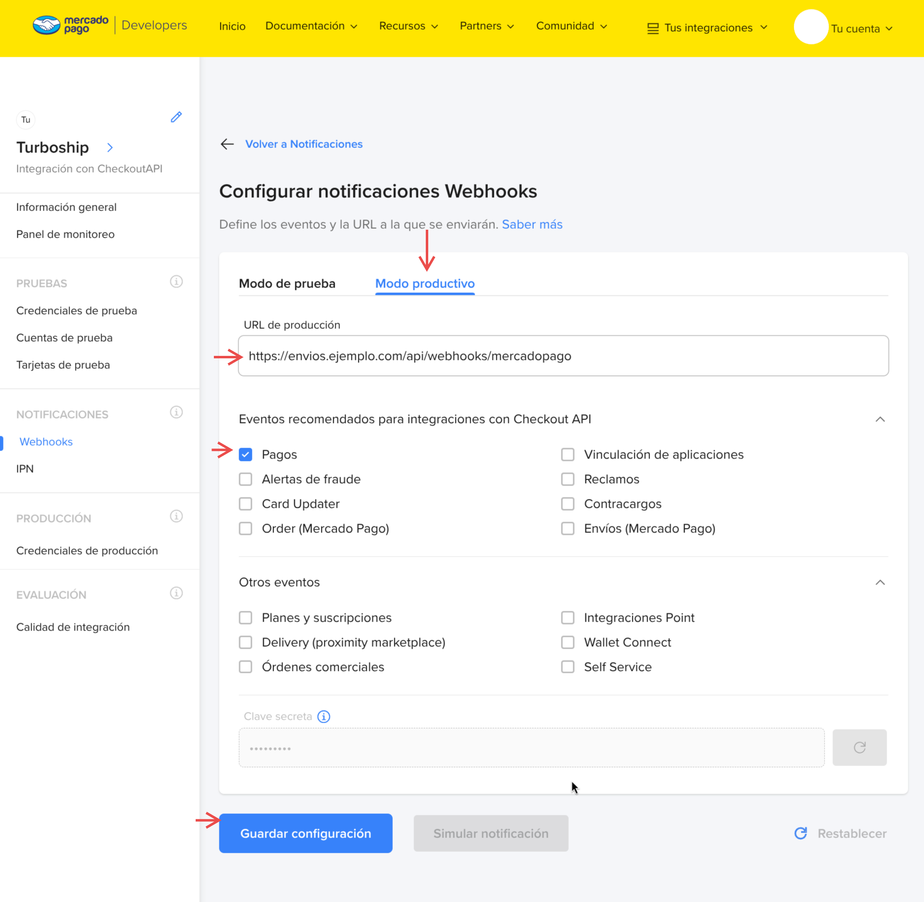 Webhooks configurados y clave secreta