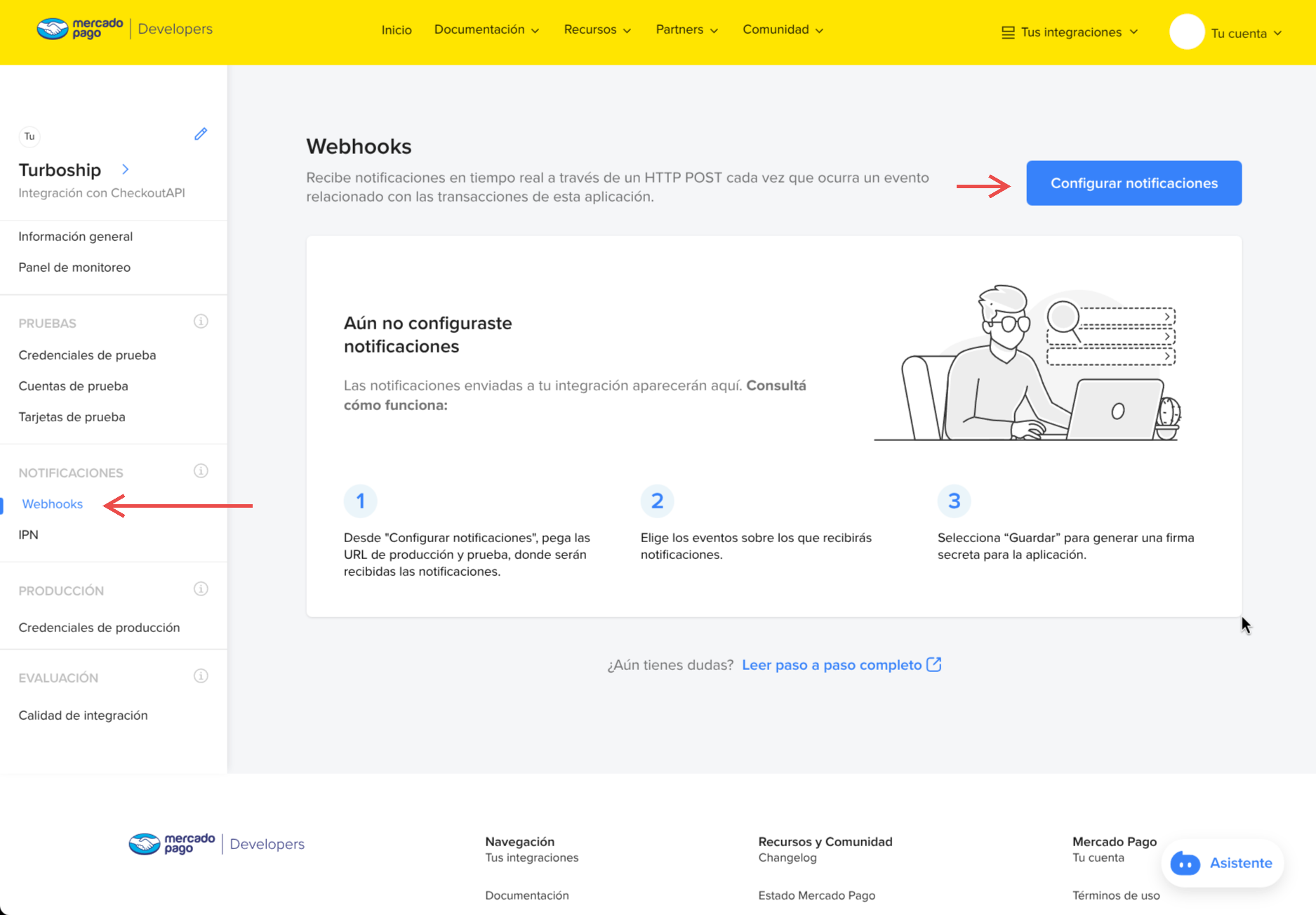 Pantalla de webhooks